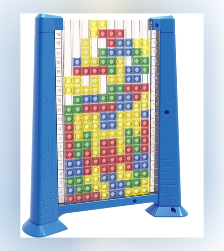 Joc de inteligenta Tetris puzzle tangram Flippy, 70 de piese multicolore, 3D, montessori, interactiv, din plastic, zar inclus, sac depozitare piese, varsta peste 6 ani, 23 x 19.8 x 5 cm, cadru albastru