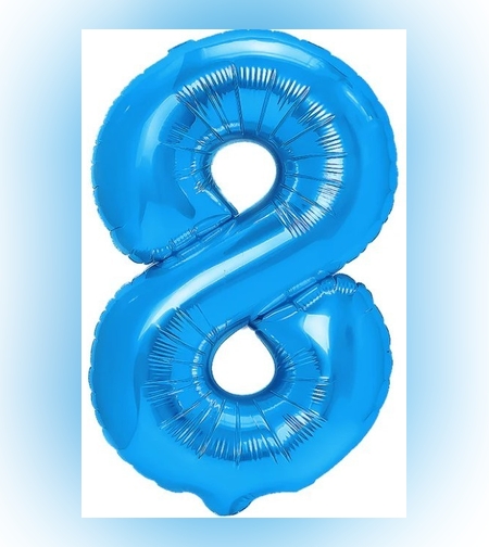 Balon din Folie Metalizata, Flippy, Figurina Cifra, Tema Aniversare 80 cm, Ambalaj Individual, Pai inclus, Umflare cu Aer sau Heliu, Albastru, Cifra 8