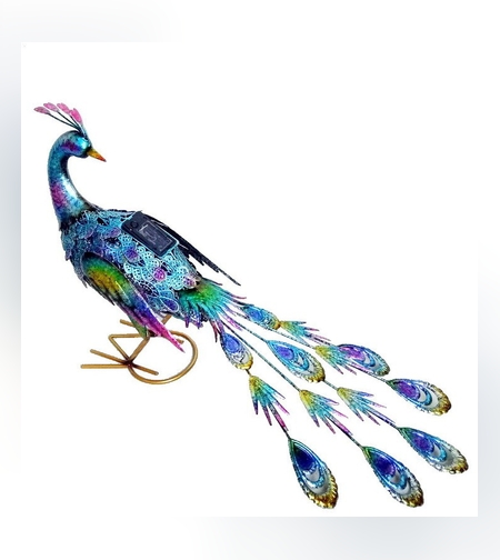 Decoratiune de Gradina cu Lampa solara, Flippy, Model Paun Pitic, Iluminare Led si Incarcare Solara, 66 x 33.5 x 26.5 cm, din Fier, Albastru Multicolor