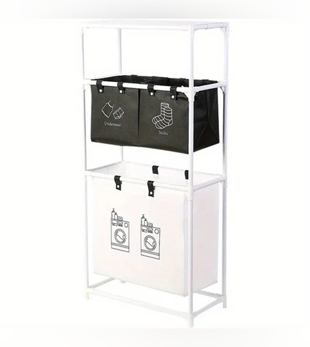 Cos de Rufe, Flippy, 3 Rafturi, 3 Cosuri, Cadru de Otel Inoxidabil, 123x28x57 cm, Alb