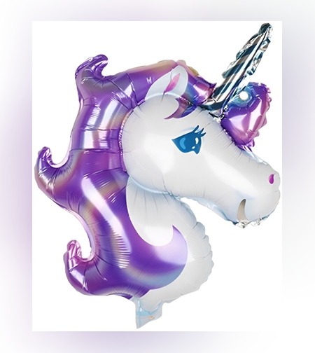 Balon din Folie Metalizata, Flippy, Figurina Unicorn, Tema Animalute, 115 cm, Ambalaj Individual, Pai Inclus, Umflare cu Aer sau Heliu, Mov