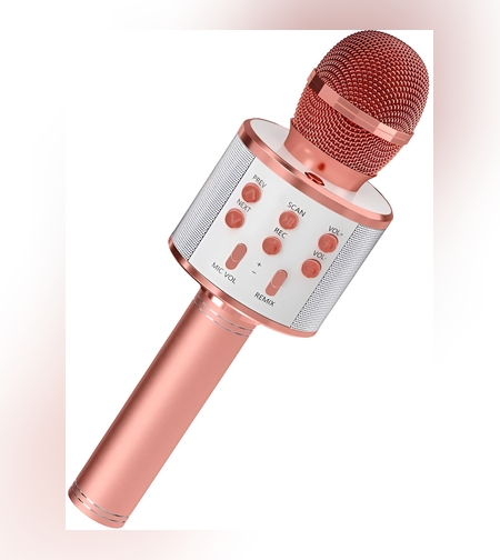 Microfon Karaoke, Flippy, pentru Copii, Bluetooth, Boxa Incorporata, Compatibil cu Orice Smartphone, Acumulator Integrat, Multifunctional, Rose Gold