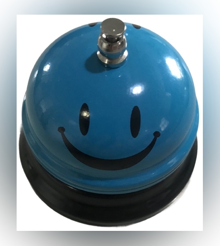Clopotel Metalic Multifunctional, Flippy, Albastru Deschis cu Imprimeu Smiley Face, 7.5x7.5x6.5 cm, Receptie, Restaurant