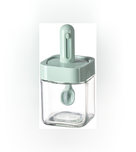 Recipient pentru Depozitarea Condimentelor, Flippy, Borcan din Sticla, Capac si Lingura Incorporate, Uz Casnic, 300 ml, 7.1x7.1x14.8 cm, Verde