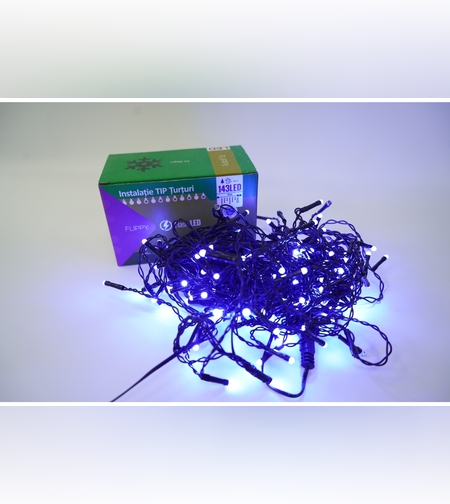 Instalatie de Craciun Flippy® Tip Turturi, Franjuri cu Flash, Sectiune 5 m, 143 LED-uri, Interconectabila, Fir Negru, Albastru