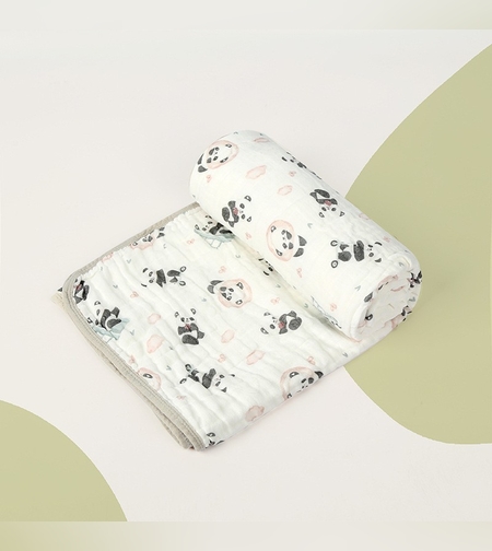 Prosop de baie din bumbac si tifon pentru Bebelusi, Flippy, cu Sase Straturi, pentru Copii, 110x110 cm, Model Panda, Bej Verde