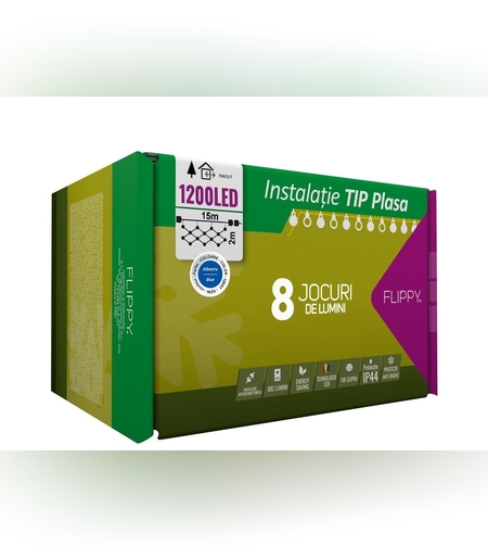 Instalatie Craciun, Tip Plasa, 15 m x 2 m, 1200 LED-uri, Albastru, 8 jocuri de lumini, Transformator, Interconectabila, Prelungitor 3 m inclus, Fir transparent, Flippy