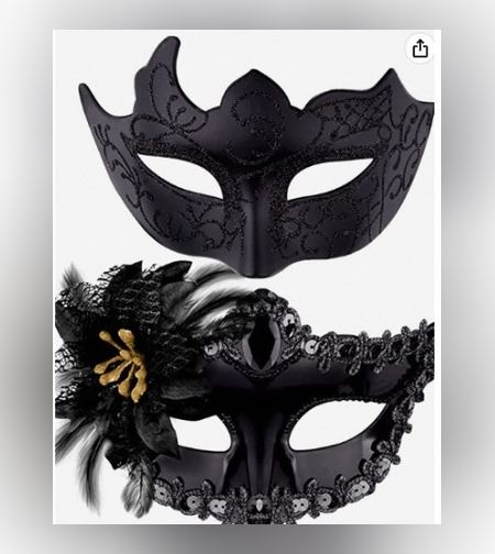 Set 2 Masti de Cuplu, Flippy, pentru Carnaval, Bal Mascat, Marime Universala, Model Floare Laterala si Margele, Model Clasic, Negru texturat