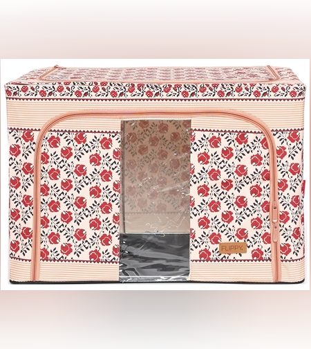 Cutie de Depozitare Pliabila, Flippy,100 L din Bumbac si In, 60X42X40 cm, Fereastra Frontala, 2 Usi de Acces cu Fermoar Bidirectional, Cadru Metalic, Suport Baza Stabil din Plastic, Motiv Traditional Model 4