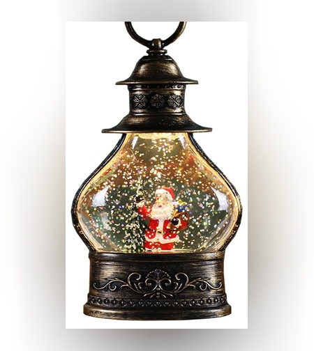 Decoratiune de Craciun tip Felinar, Flippy, Glob de Cristal cu Fulgi de Zapada, Model Mos Craciun, Ornamentat cu Luminite Interioare, 14.5 x 9 x 3 cm, Rama Neagra, Transparent