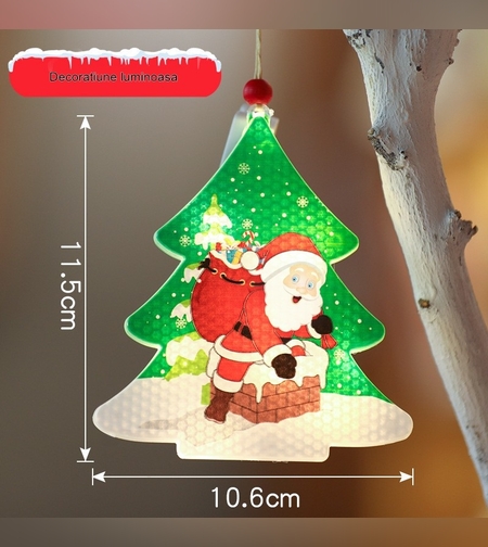 Decoratiune de Craciun Luminoasa in forma de Brad, 11.5 x 10.6 cm, Mos Craciun langa brad, cu agatatoare, Alb Cald, Flippy