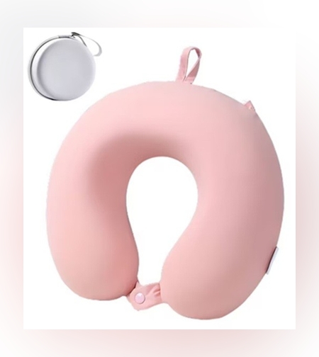 Perna de Calatorie in Forma de U, Flippy, Pentru Gat si Cap, Umplutura din Spuma cu Memorie, 30x30 cm, Sistem Prindere Capse, Cutie de Depozitare, Roz