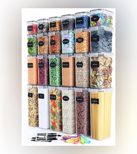 Cutii de depozitare alimente, Flippy, Set din 24 Cutii pentru Condimente, Cereale, Cutii pentru Bucatarie, din Plastic PP, Cutii Alimentare, Diferite Dimensiuni, Transparente