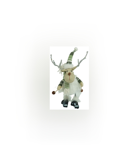 Ornament de Craciun ren pe schiuri, Flippy, alb/verde, textil, 33 cm