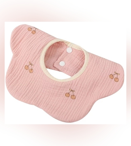 Baveta Tip Floare, Flippy, din Bumbac, pentru Copii 0-12 Luni, Rezistenta la apa, cu Capse, Model cu Cirese, 26 x 29 cm, Roz