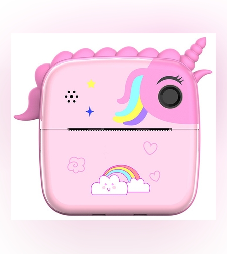 Set Camera Instantanee pentru Copii, Flippy, Ecran HD 2.4'', 24MP, 1200 mAh, cu Functie de Printare Alb-Negru, cablu USB-C, Bluetooth, Compatibil iOS/Android, Model Unicorn, Roz