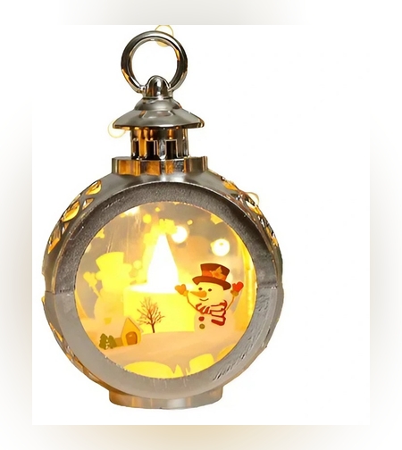 Decoratiune Craciun tip Felinare cu baterii, 13.5 x 9 cm,Lumanare cu geam si inscriptie om de zapada,lumina alb cald,baterii incluse, Argintiu