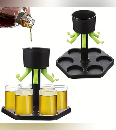 Dozator Hexagonal cu Suport pentru Shoturi, Flippy, 6 Pahare, Set Complet cu Ambalaj si Cutie, Dispenser, Divizor, Joc de Baut, Negru