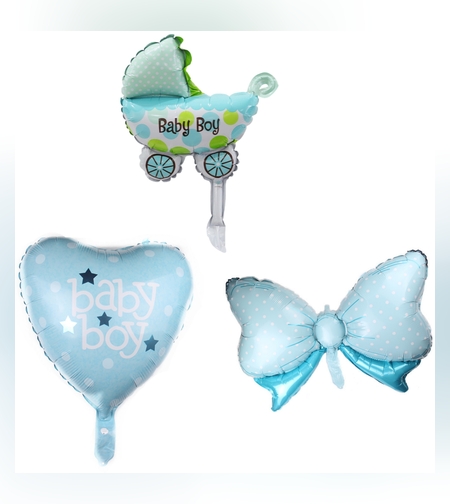 Set 3 Baloane din Folie Metalizata, Flippy, Figurine Carucior, Inima, Fundita, Tema Botez, 45 cm, Ambalaj Individual, Pai Inclus, Umflare cu Aer sau Heliu, Albastru