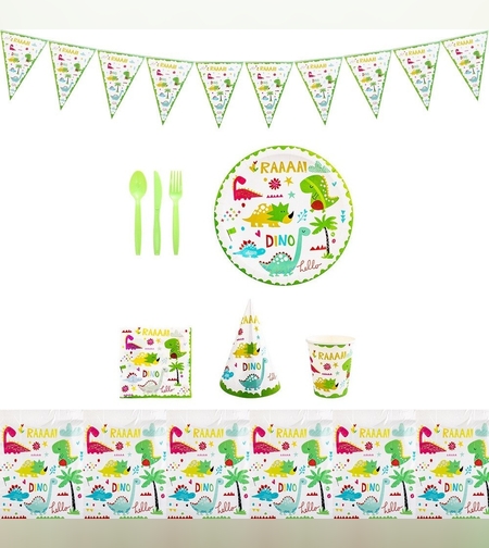 Set 9 Accesorii de Masa, Flippy, Colectia Dino Park, 82 Piese, din Carton/Plastic/Hartie, Multicolor