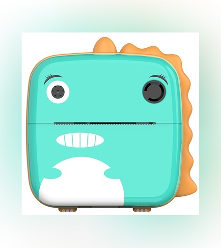 Camera Instantanee pentru Copii, Flippy, Camera Frontala + Selfie, cu Functie de Printare, Cablu USB-C, Bluetooth, Compatibil iOS/Android, Model Dinozaur, Snur Inclus, Verde