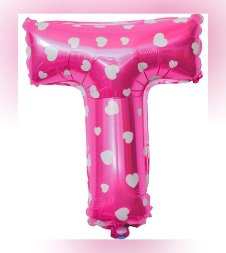 Balon Folie Metalizata Litera T, Flippy, 40 cm, Cu Imprimeu Inimioare, Umflati cu Heliu sau Aer, Ambalaj Individual, Pai inclus, Roz