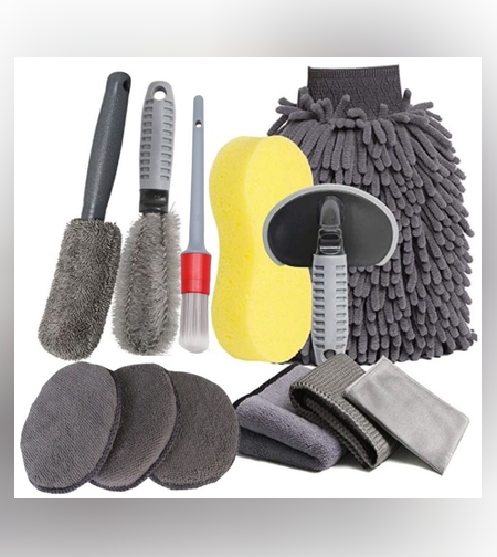 Set 12 Accesorii pentru Curatare Auto, Flippy, Interior si Exterior, Curatare Jante, Cauciucuri, Gri