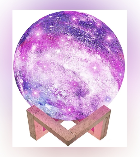 Lampa de veghe in forma de luna cu stele 3D Moon Light, alimentare baterii, stand din lemn inclus, 10 cm, Flippy