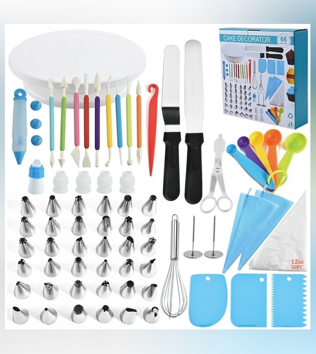 Set 66 Piese Ustensile pentru Ornare Prajituri, Flippy, din Plastic si Otel Inoxidabil, Multicolor