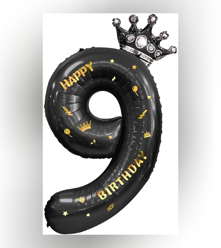 Balon din Folie Metalizata Flippy, Figurina Cifra si Coroana, Scris Happy Birthday, Tema Aniversare 100 cm, Ambalaj Individual, Pai inclus, Umflare cu Aer sau Heliu, Negru, Cifra 9