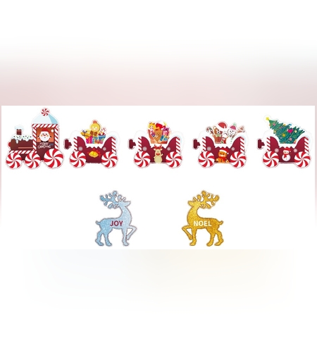 Decoratiune de Craciun, Flippy, pentru Gradina, Tip Trenulet, 7 Figurine + Bete de Infipt in Pamant, din Plastic, Impermeabil, Model Renii Joy si Noel, Multicolor