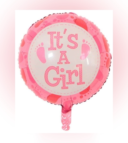 Balon din Folie Metalizata, Flippy, Figurina Rotunda, Model It's a Girl, Tema Gender Reveal, 45 cm, Ambalaj Individual, Pai Inclus, Umflare cu Aer sau Heliu, Roz