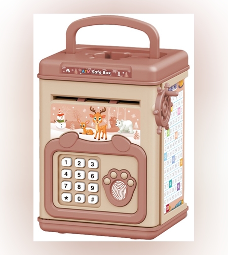 Pusculita pentru Copii, Flippy, pusculita pentru economii SMART BOX cu efecte sonore, Tip ATM, cu Parola cu Amprenta, din plastic, 20 x 13.5 x 11.5 cm Roz