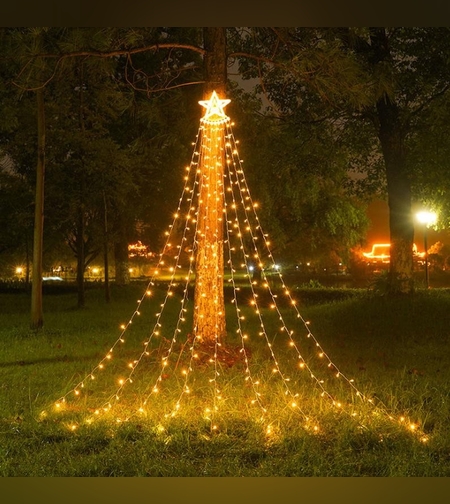 Instalatie luminoasa tip perdea pentru pomul de Craciun, cu stea luminoasa, 350 LED-uri, incarcare solara, interior/exterior, lumina calda, Tree Dazzler