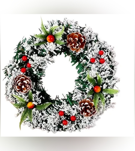 Coronita pentru Craciun Flippy, diametru 20 cm, din brad artificial, decorata cu conuri si merisoare, inzapezit, Verde/Alb