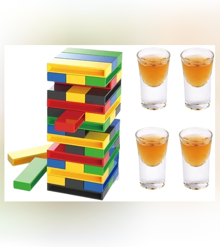Joc de Baut Flippy, Turn Jenga din Plastic, cu 4 Pahare de Shot, +18 Ani, Multicolor