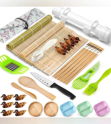 Set Ustensile pentru Sushi, Flippy, Set din 31 Accesorii pentru Sushi, Set pentru Sushi HOME MADE, Cutit Inclus, Forme, Betisoare, Multicolor