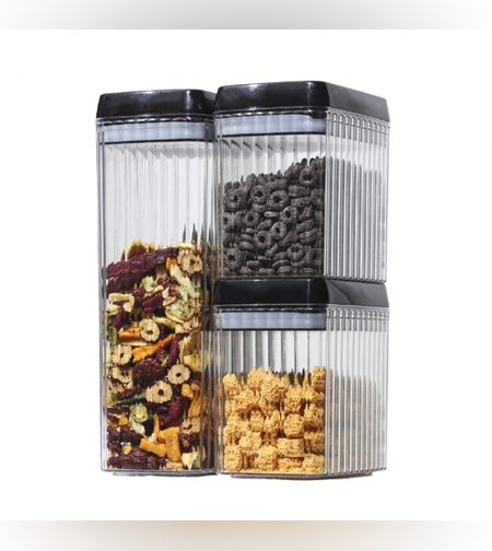 Set 3 Recipiente din Plastic, Flippy, pentru Alimente/Obiecte, Inchidere Ermetica, Textura Ondulata, 2 x 1.5l, 1 x 3.3 l, Transparent