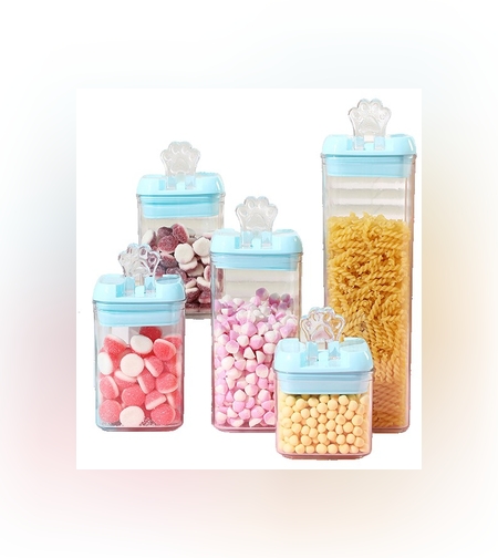 Set 5 Cutii de Depozitare Alimente, Flippy, 1 x 500ml, 2 x 800ml, 1 x 1200ml, 1 x 1900ml, Capac Albastru, din PP+PET, Inchidere Ermetica, Transparent
