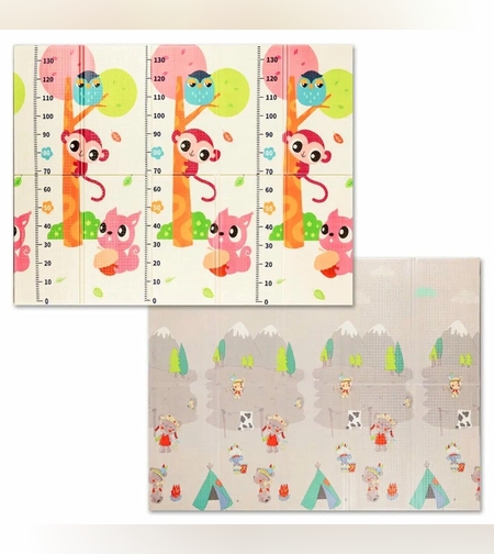 Covoras pentru Copii, Flippy, cu 2 Fete, Model Maimute/Indieni, din XPE+PE, Impermeabil, Antiderapant, Protectie Termica, +3 Luni, Pliabil, 150 x 200 x 1 cm, Multicolor