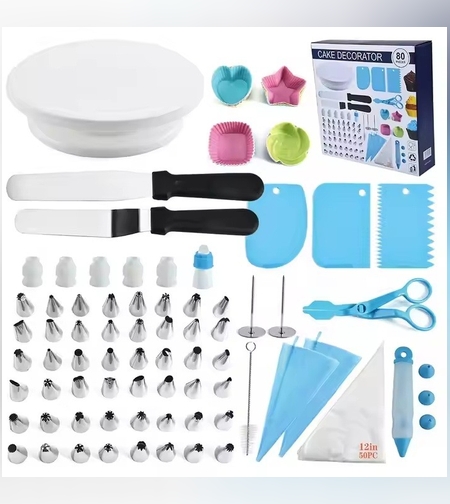 Set 80 Piese Ustensile pentru Ornare Prajituri, Flippy, din Plastic si Otel Inoxidabil, Forme Briose, Multicolor