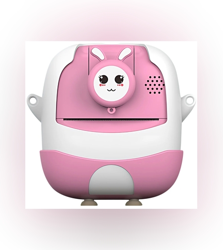 Set Camera Instantanee pentru Copii, Flippy, Ecran HD 2.4'', 24MP, 720P Video, 1200 mAh, cu Functie de Printare Alb-Negru, cablu USB-C, Bluetooth, Compatibil iOS/Android, Imprimare APP, Model Iepure Emoji, Roz