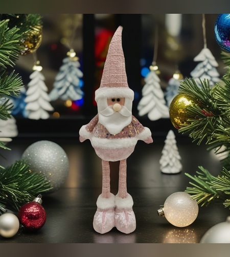 Figurina Decorativa, Pentru Craciun, Flippy, Mos Craciun, Picioare Telescopice, Inaltime Reglabila 44-54cm, Bluza cu Paiete, Roz