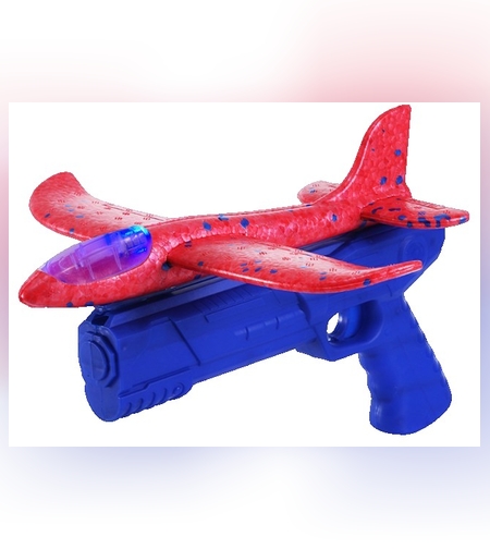 Pistol cu Lansator de Avion, Flippy, din Polistiren+Plastic, +3 Ani, Avion 24 cm, Lansare 10 m, cu Lumini, Albastru/Rosu