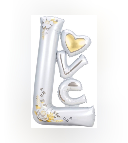 Balon din Folie Metalizata, Flippy, Figurine, Model LOVE, Tematica Iubire, 110x64 cm, Ambalaj Individual, Pai Inclus, Umflare cu Aer sau Heliu, Alb