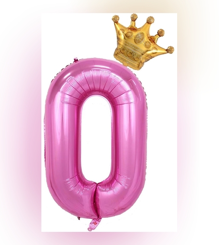 Balon din Folie Metalizata Flippy, Figurina Cifra si Coroana, Tema Aniversare 100 cm, Ambalaj Individual, Pai inclus, Umflare cu Aer sau Heliu, Roz, Cifra 0