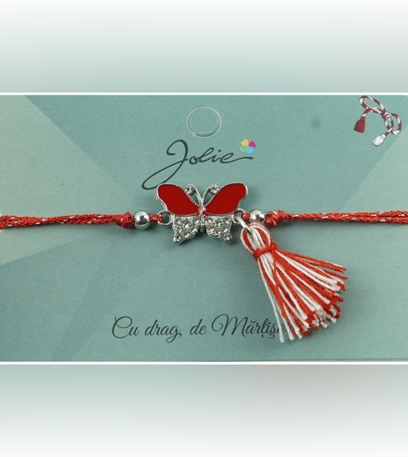 Bratara Jolie cu Ciucure Fluture Alb-Rosu