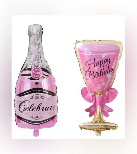 Set 2 Baloane din Folie Metalizata, Flippy, tematica Aniversare HAPPY BIRTHDAY, Figurine Model Sticla de Sampanie 50 x 108 cm si Pahar 48 x 93 cm, Roz
