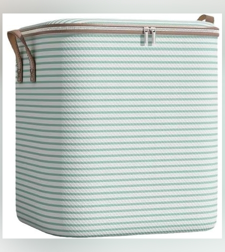 Cutie de Depozitare cu Fermoar, Flippy, Pliabila, Maner Ranforsat, Fermoar Rezistent, pentru Haine, Paturi, Plapume, Perne, Lenjerii de Pat, Jucarii, 56x45x56 cm, 150 Litri, in Dungi, Verde