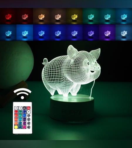 Lampa LED decorativa, Flippy, 3D, Porcusor Gras, din material acril si lumina multicolora, alb